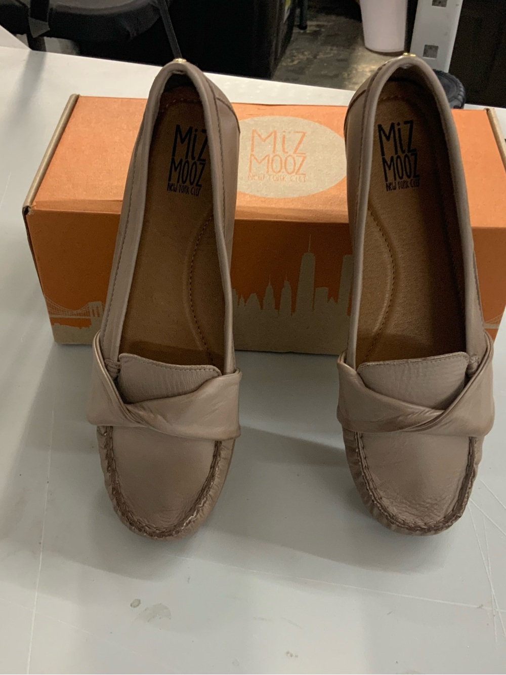 Miz Mooz Neutral Cream Twisted-Vamp Leather Loafers